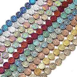 Synthetic Non-magnetic Hematite Beads Strands, Long-Lasting Plated, Flat Round with Tree of Life, Mixed Color, 10x3mm, Hole: 1mm, about 40pcs/strand, 15.94''(40.5cm)(G-P545-P01-01)