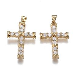 Brass Micro Pave Clear Cubic Zirconia Pendants, Long-Lasting Plated, with Snap on Bails, Cross, Real 18K Gold Plated, 31x20x4mm, Hole: 5mm(ZIRC-A011-34G)