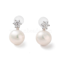 Natural Pearl Stud Earrings for Women, with Sterling Silver Pins and Cubic Zirconia, Round, 12.5x7.5mm(EJEW-C082-12B-P)