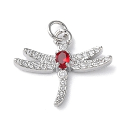 Brass Micro Pave Cubic Zirconia Pendants, Long-Lasting Plated, Dragonfly Shape, Platinum, Fuchsia, 18.5x21.5x3.5mm, Hole: 2.5mm(ZIRC-H102-05B-P)