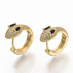 Brass Micro Pave Cubic Zirconia Huggie Hoop Earrings, Snake, Real 16K Gold Plated, Black, 20x20x7.5mm, Pin: 0.7x1.2mm(EJEW-S208-057A)