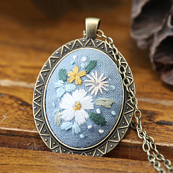 DIY Embroidery Flower Pendant Necklace Making Kit, Including Alloy Cable Chains & Pendant Cabochon Settings, Needle Pin, Cotton Thread, Plastic Embroidery Hoops, Light Sky Blue, 460mm(HUDU-PW0001-063Q)