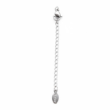 304 Stainless Steel Chain Extender, Cadmium Free & Nickel Free & Lead Free, with Lobster Claw Clasps and Tiny Oval Charm, Stainless Steel Color, 50mm, Hole: 2.5mm