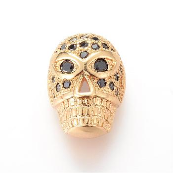 Brass Micro Pave Cubic Zirconia Beads, Skull, Golden, 14x10x6.5mm, Hole: 1.6mm