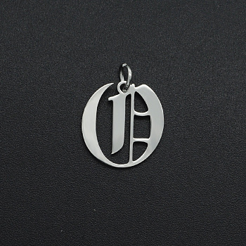 304 Stainless Steel Pendants, with Jump Ring, Old English, Letter, Laser Cut, Stainless Steel Color, Letter.O, 15x14x1mm, Hole: 3mm