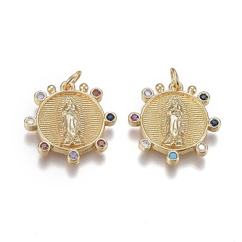 Brass Mirco Pave Colorful Cubic Zirconia Pendants, Long-Lasting Plated, for Religion, with Jump Rings, Flat Round & Virgin Mary, Real 18K Gold Plated, 19x19x2.5mm, Hole: 3.5mm