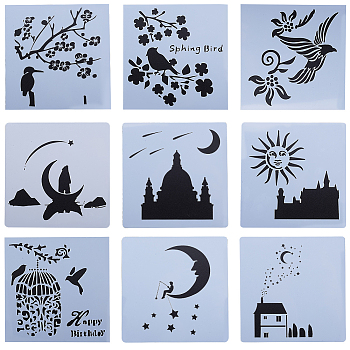 Flower and Bird Theme/Starry Sky CRASPIRE Plastic Painting Stencils, Drawing Template, for DIY Scrapbooking, Mixed Shapes, White, 13x13x0.02cm, 9sheets/set