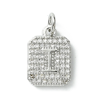 Rack Plating Brass Micro Pave Clear Cubic Zirconia Charms, Long-Lasting Plated, Lead Free & Cadmium Free, Rectangle with Letter Pattern, with Jump Ring, Platinum, Letter I, 14x9.5x2mm, Hole: 3mm