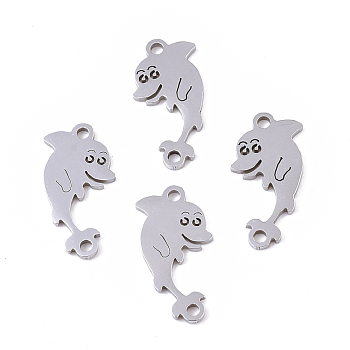 201 Stainless Steel Links connectors, Laser Cut, Dolphin, Stainless Steel Color, 17x8.5x1mm, Hole: 1.4mm