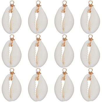 30Pcs Natural Cowrie Shell Pendants, Shell Charms with Eco-Friendly Copper Wire Loops, Real 18K Gold Plated, 27~30x14~15x7~7.5mm, Hole: 4mm