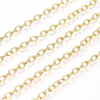 3.28 Feet Brass Cable Chains, Soldered, Flat Oval, Long-Lasting Plated, Real 18K Gold Plated, 5x3.5x0.7mm