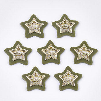 Opaque Acrylic Pendants, with Alloy Findings, Star with Word Love, Light Gold, Olive Drab, 29x30x4mm, Hole: 2mm