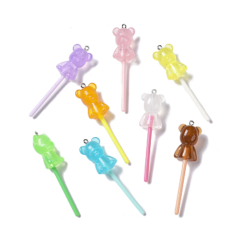 Luminous Translucent Resin Big Pendants, with Platinum Tone Iron Loops, Plastic, Glow in the Dark Bear Lollipops, Mixed Color, 69x17x15mm, Hole: 1.8mm