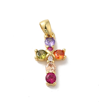 Rack Plating Brass Cubic Zirconia Pendants, Lead Free & Cadmium Free, Long-Lasting Plated, Cross, Real 18K Gold Plated, 16.5x9x3mm, Hole: 2.5x4mm