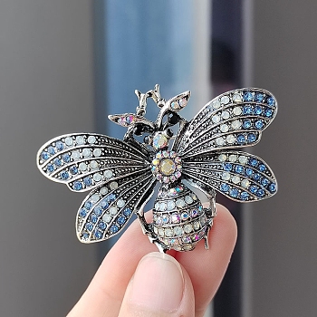 Alloy Rhinestone Brooch for Backpack Clothes, Bees, Antique Silver, 40x58mm