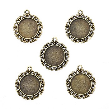 Tibetan Style Flat Round Alloy Pendant Cabochon Settings, Cadmium Free & Nickel Free & Lead Free, Antique Bronze, Tray: 20mm, 34x30x2mm, Hole: 3mm