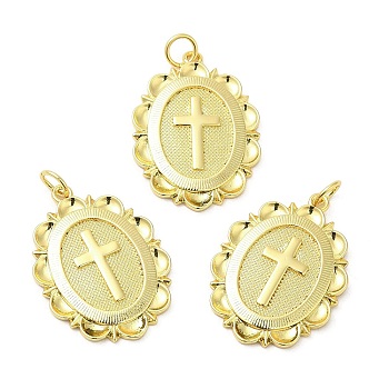 Brass Pendants, with Jump Ring, Long-Lasting Plated, Lead Free & Cadmium Free, Flat Round with Cross, Real 18K Gold Plated, 25x18x2.5mm, Hole: 3.5mm