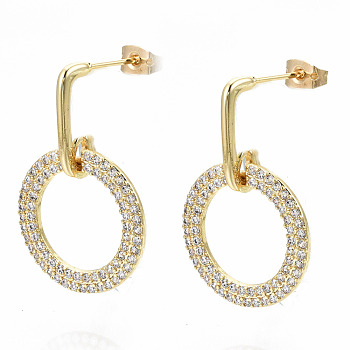 Brass Micro Pave Cubic Zirconia Dangle Stud Earrings, with Earring Backs, Nickel Free, Ring, Real 16K Gold Plated, Clear, 30mm, Pin: 0.8mm