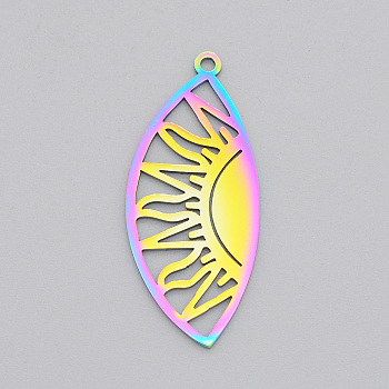 201 Stainless Steel Pendants, Laser Cut, Eye with Sun, Rainbow Color, 35x15x1mm, Hole: 1.5mm