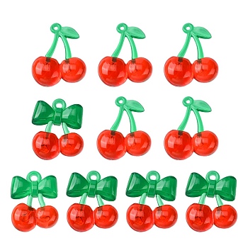 10Pcs 2 Styles Transparent Acrylic Pendants, Cherry, Red, 25~33x19~26x10~12.5mm, Hole: 1.5~2.5mm, 5pcs/style