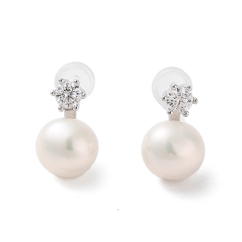 Natural Pearl Stud Earrings for Women, with Sterling Silver Pins and Cubic Zirconia, Round, 12.5x7.5mm