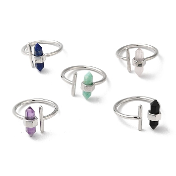 Natural Mixed Gemstone Bullet Open Cuff Rings, Platinum Brass Finger Ring, Cadmium Free & Lead Free, US Size 8 1/2(18.5mm)