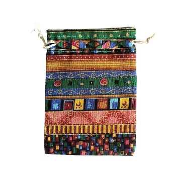 Ethnic Cotton Drawstring Bags, Rectangle Jewelry Pouches, Green, 14x10cm