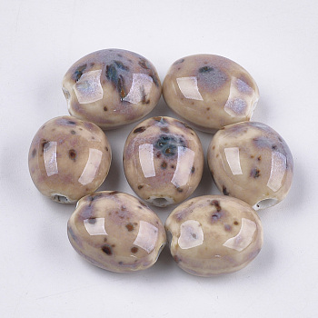 Handmade Porcelain Beads, Fancy Antique Glazed Porcelain, Oval, Tan, 20~21x17.5~18x12~13mm, Hole: 2.5~3mm
