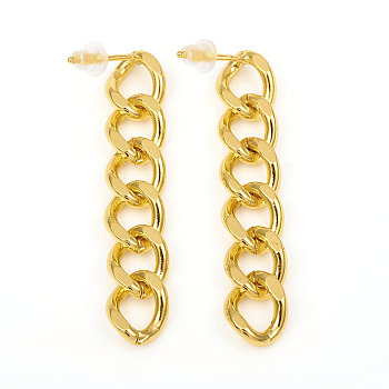 Brass Curb Chain, Twisted Chain Dangle Stud Earrings, with Ear Nuts, Long-Lasting Plated, Real 18K Gold Plated, 39mm, Pin: 0.7mm