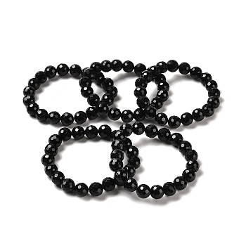 Natural Black Tourmaline Beaded Stretch Bracelets, Faceted Round, Inner Diameter: 2 inch(4.95~5.2cm)