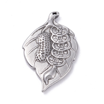 304 Stainless Steel Pendants,  Leaf with Peanut , Stainless Steel Color, 25x15.5x2mm, Hole: 0.8mm