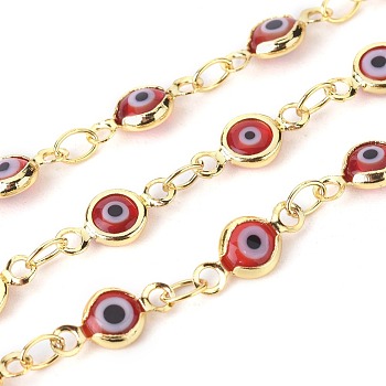 3.28 Feet Handmade Evil Eye Lampwork Link Chains, Soldered, with Brass Findings, Long-Lasting Plated, Flat Round, Golden, Red, 10x4.5x2mm, Hole: 1.5mm