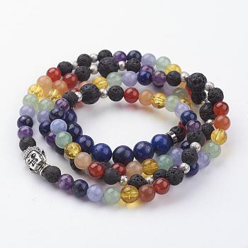 Natural Mixed Gemstone Beaded Wrap Bracelets, 4-Loop, with Alloy Beads and Brass Textured Beads, 29-1/8 inch(740mm)