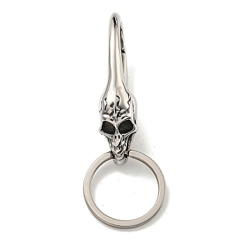 Tibetan Style 316 Surgical Stainless Steel Fittings with 304 Stainless Steel Key Ring, Skull, Antique Silver, 77.5mm