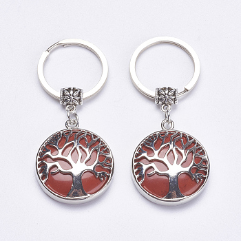 Natural Red Jasper Keychain, with Brass Finding, Flat Round with Tree of Life, 64mm