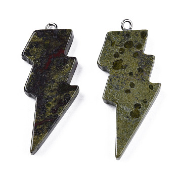 Natural Dragon Blood Pendants, Lightning Bolt Charm, with Stainless Steel Color Tone 304 Stainless Steel Loops, 40~44.5x17~20x4.5~6mm, Hole: 2mm
