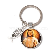 I Love Jesus Symbol Glass Pendant Keychain with Alloy Jesus Fish Charm, with Iron Findings, Half Round, Moccasin, 6.2cm(KEYC-G058-01F)