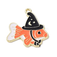 Alloy Enamel Pendants, Goldfish with Witch Hat Charm, Golden, Coral, 28.5x25.5x1.3mm, Hole: 1.8mm(ENAM-B058-02G)