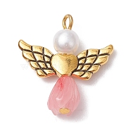 Resin Imitation Pearl Pendants, Rose Angel Charms with Antique Golden Plated Alloy Heart Wings, Pink, 23.5~24x22x6.5mm, Hole: 1.8~2.2mm(PALLOY-JF02565-08)