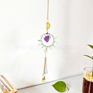 Ring Natural Quartz Chip Window Hanging Suncatchers, with Glass Teardrop Charms and Metal Moon Link, 400mm(WG69177-02)