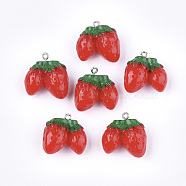 Resin Pendants, with Platinum Tone Iron Findings, Imitation Food, Strawberry, Red, 25~26x24~25x14mm, Hole: 2mm(X-RESI-T028-45)