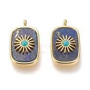 Natural Lapis Lazuli & Synthetic Turquoise Pendants, with Real 18K Gold Plated Brass Findings, Long-lasting Plated, Rectangle with Sun, 27x16.8x6mm, Hole: 3mm(KK-P184-01A-07G)