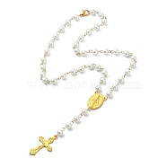 Glass Pearl Rosary Bead Necklaces, Alloy Crucifix Cross & Virgin Mary Pendant Necklace, White, 17.72 inch(45cm)(NJEW-JN04340)