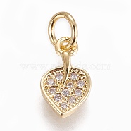 Brass Micro Pave Cubic Zirconia Charms, Leaf, Clear, Golden, 11x6.5x1.5mm, Hole: 3mm(ZIRC-E145-79G)