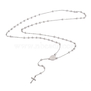 304 Stainless Steel Rosary Bead Necklaces For Religion, with Oval with Virgin Mary Link and Cross Pendants, Stainless Steel Color, 62~63cm(STAS-B021-02P)