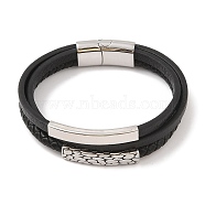 Braided Microfiber Leather Multi-strand Bracelets, 304 Stainless Steel Curved Rectangle Bracelets for Men, Stainless Steel Color, 8-5/8x7/8 inch(22x2.1cm)(BJEW-B096-27P)