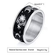 Black Enamel Moon and Star Finger Ring, Stainless Steel Jewelry for Women, Stainless Steel Color, US Size 10(19.8mm)(MOST-PW0001-008E-01)