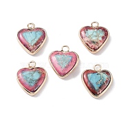 Dyed Synthetic Imperial Jasper Pendants, Brass Heart Charms, Golden, Pale Violet Red, 19x16x4.5~5.5mm, Hole: 2.7mm(G-P529-08G-03)