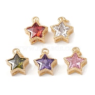 Rack Plating Brass with Cubic Zirconia Charms, Star Charm, Cadmium Free & Lead Free, with Jump Ring, Real 18K Gold Plated, Mixed Color, 12.5x10.5x5.5mm, Hole: 0.9mm(KK-G452-14G)