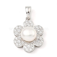 Rhodium Plated 925 Sterling Silver Pendants, with Cubic Zirconia and Natural Pearl Beads, Flower Charms, with S925 Stamp, Real Platinum Plated, 16x14x7.5mm, Hole: 5x3.3mm(STER-Z003-03P)